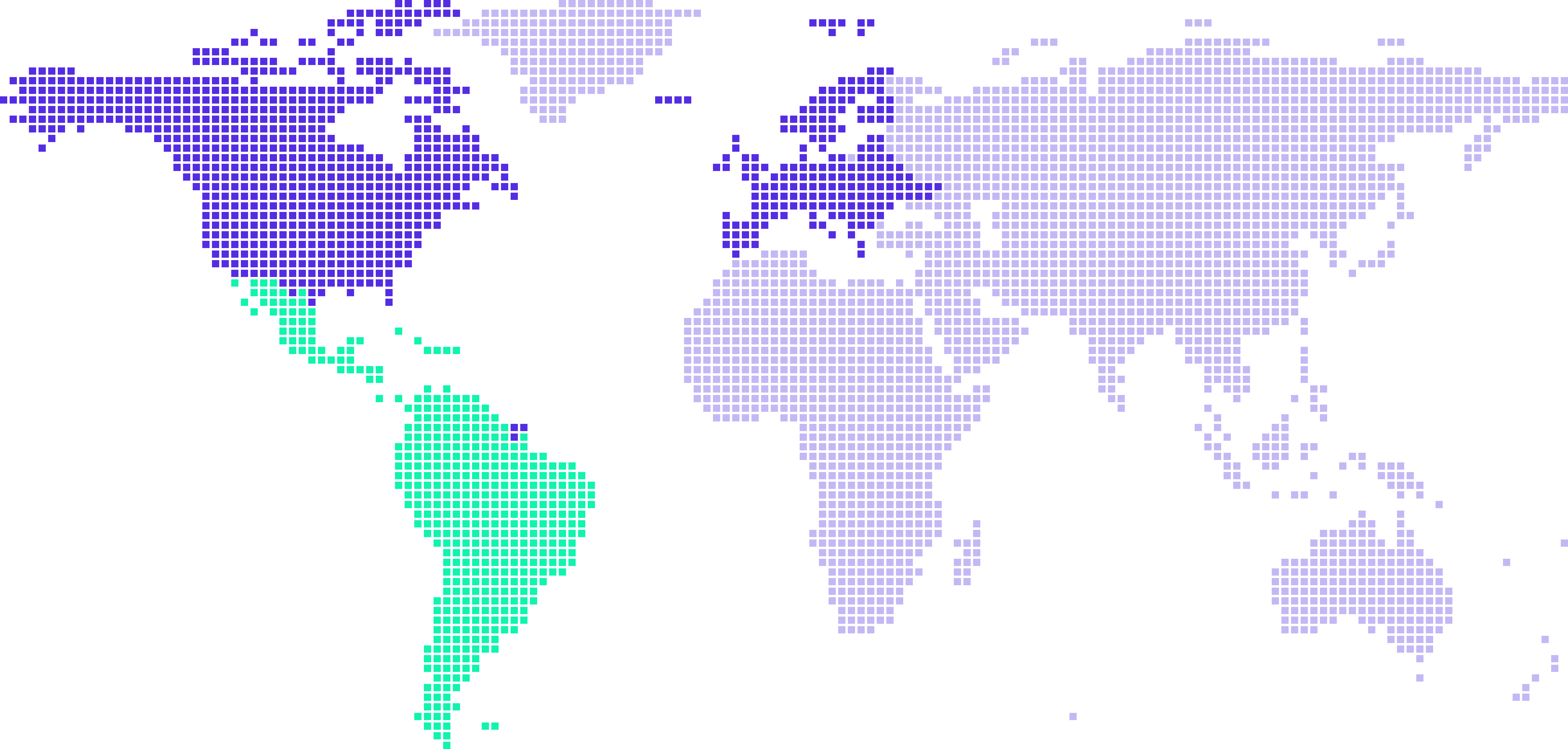 Mapa de mercados construido con cuadrados de marca: LATAM destacada, Norteamérica y Europa en violeta, el resto del mundo en violeta claro.